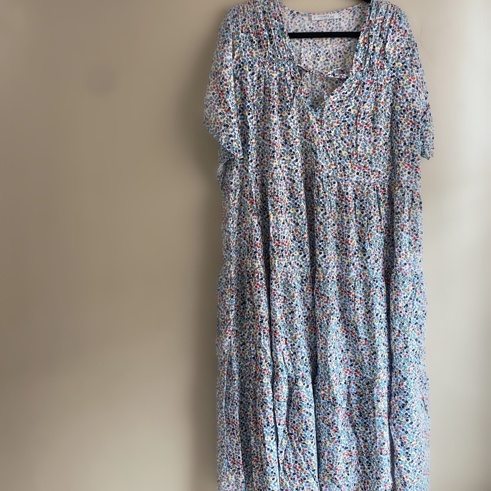Violeta by Mango Floral Midi Tiered Dress Short Sleeve Women’s Size 22